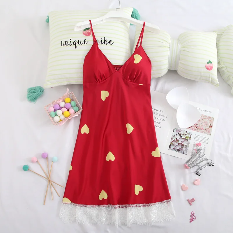 

Red Print Sweetheart Sexy V-Neck Strap Top Nightgown Female Mini Nightdress Lace Trim Sleepdress Sleepshirt Summer Nightshirt