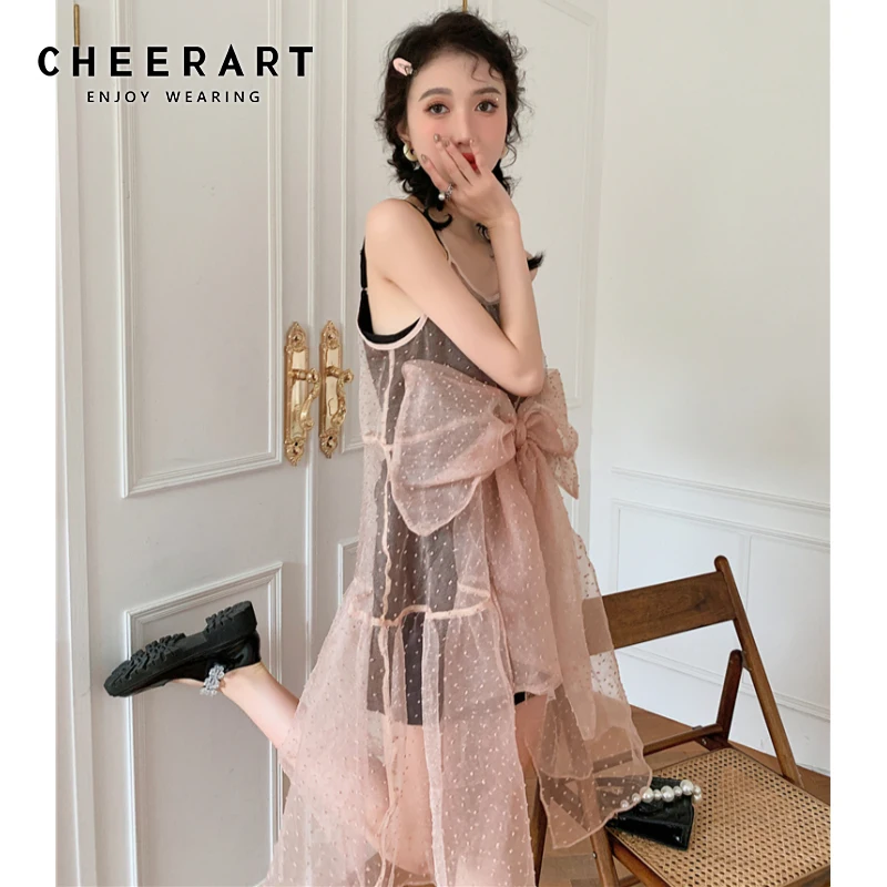 

CHEERART корейское модное Сетчатое платье в горошек летнее Прозрачное платье на тонких бретелях с бантом длинное платье из тюля женская одежда