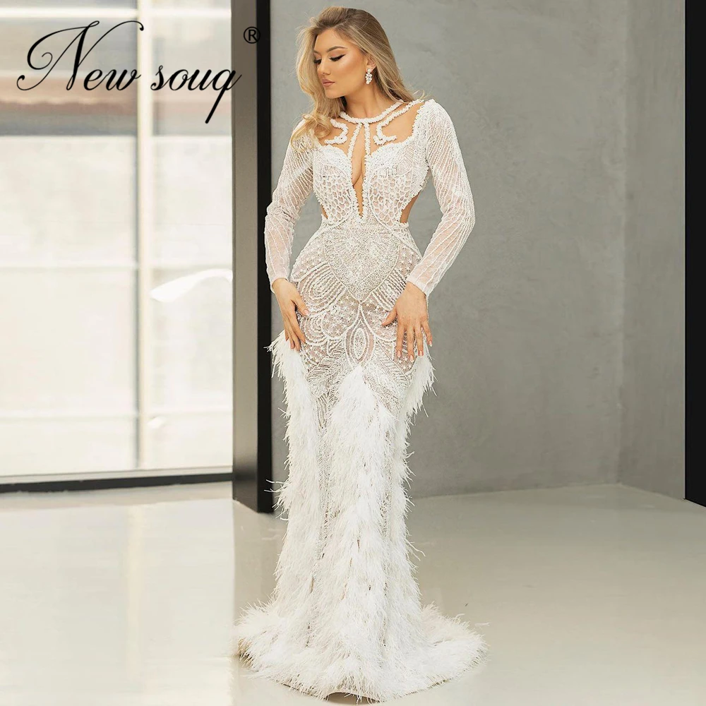 

White Sexy Beading Evening Dresses Long Party Gowns For Weddings Couture Dubai Crystals Robe De Soiree African Prom Dress 2021