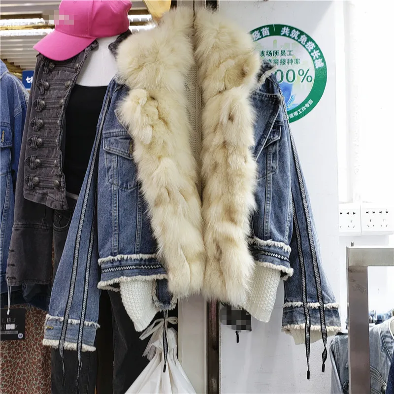 

Fur Collar Denim Coat for More Than Four Seasons Warm Two-Piece Suit Removed Knitwear Liner Parka Women Winter Coats Thickened