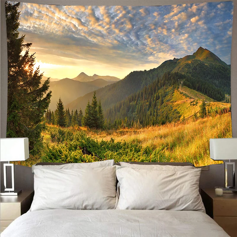 

Mountain rolling forest lake scenery cheap tapestry art psychedelic wall hanging beach towel mandala thin blanket yoga GT118