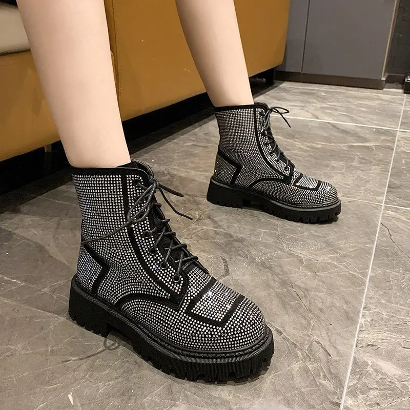 

European Station Autumn New Lace-up Rhinestone Short Dr. Martens Boots Platform Slimming Temperament Stylish Motorcycle Boots