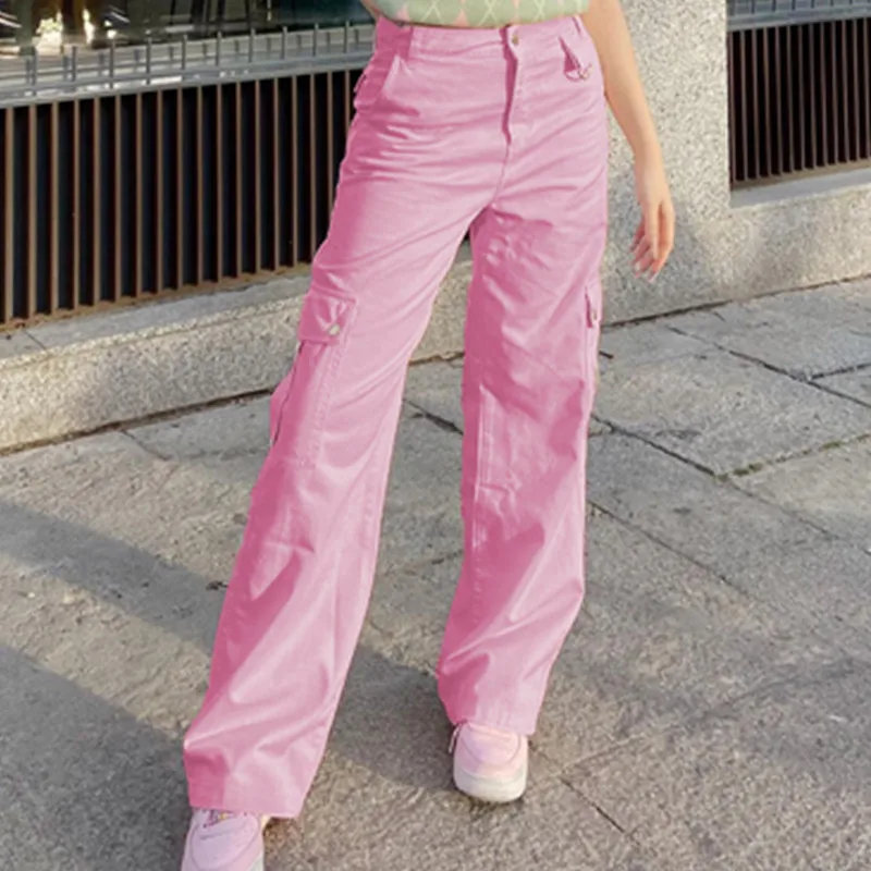 

2021 Baggy Cargo Pants Women High Waist Trousers Casual Pockets Korean Pink Cute Wide Leg Joggers Streetwear Loose
