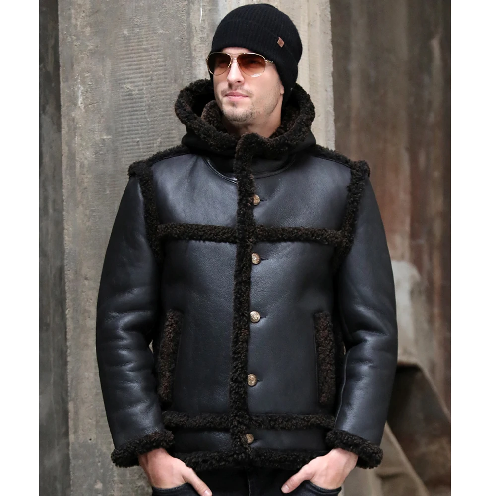 Шуба из овчины с подкладкой из меха овчины Cool Shan с капюшоном и отстегивающимися рукавами для мужчин на зиму.