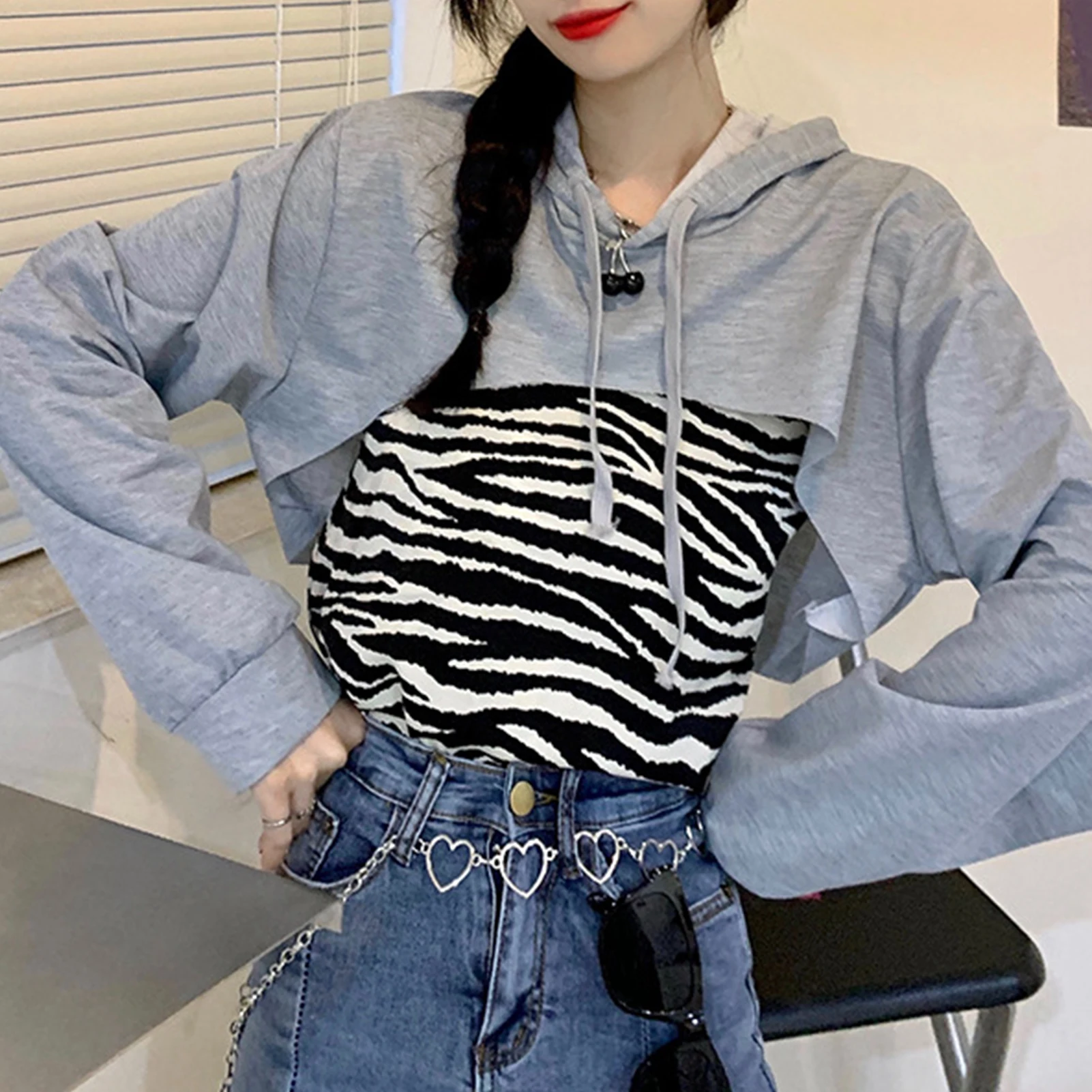

Women Solid Color Long Sleeve Drawstring Micro Hoodie Irregular Short Sweatshirt