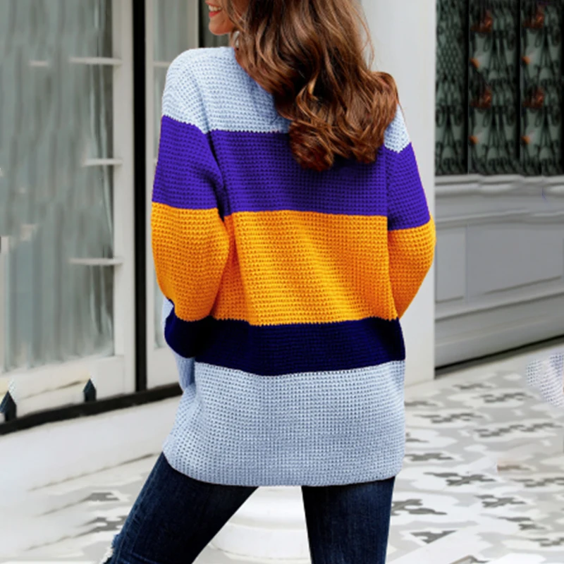 

2020 New Autumn and Winter Women's Fashion Long Sleeve Warm Striped O-Neck Patchwork Pullover Vintage Minimalist Casual Sweaters