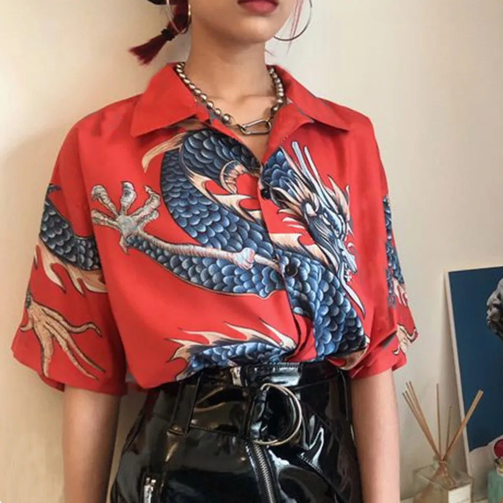 Женская Свободная блузка в стиле хип хоп панк с коротким рукавом принтом дракона