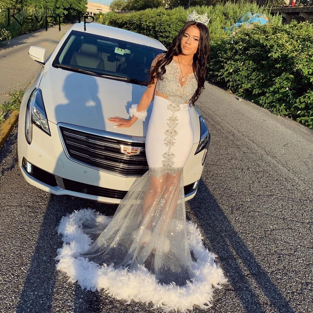 

Long Mermaid Prom Dresses 2021 Stunning Beaded See Through Top Long Sleeves Feathers African Black Girl Prom Dress