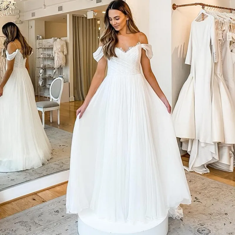 

Boho Elegant Sweetheart Wedding Dresse 2021 Spaghetti Straps Zipper Brush Train Chiffon Bride Gown Vestidos De Noiva Custom Made