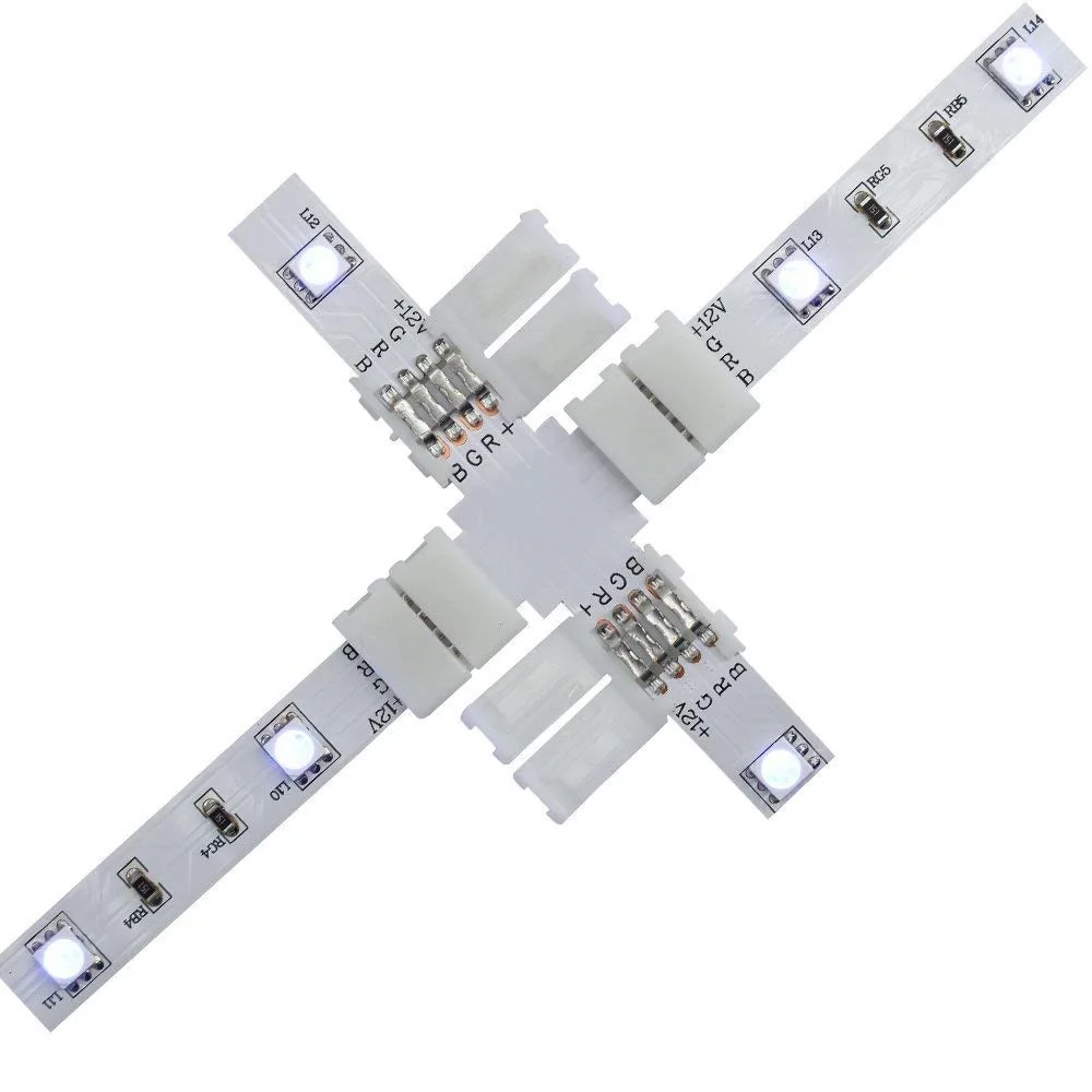 

10mm 4PIN RGB LED Strip Connector L T + Shape Solderless Snap Down 4 Conductor Right Angle Corner Clip For 5050 RGB LED Strip