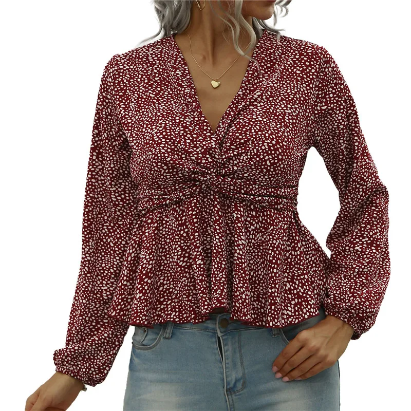 

Summer Women's Dot Printed Bpho Shirt Long-Sleeved V-neck Ruffle Twisted Party Beach Holiday Casual Street High Waist Blouse