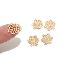 5pcs real gold plated brass 12mm width micro pave cubic zirconia snowflake flower beads caps for diy jewelry finding