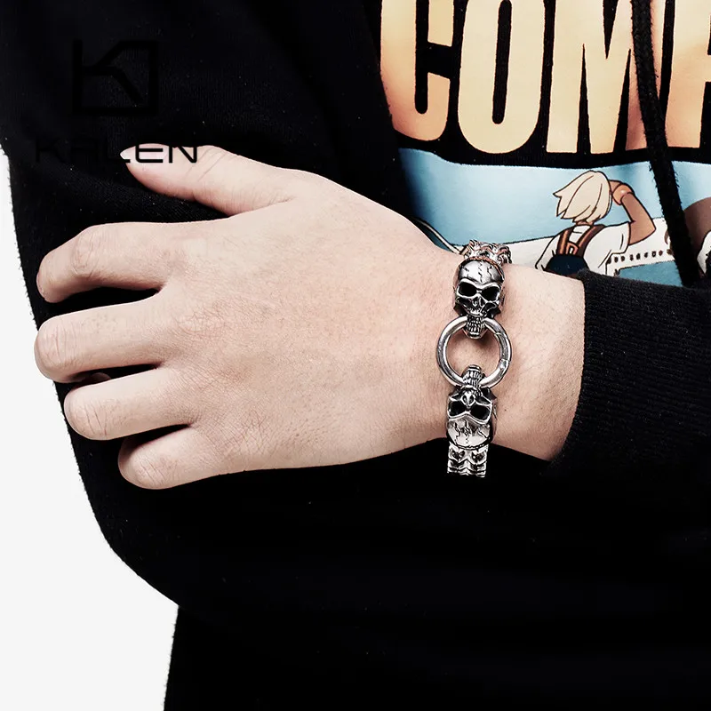 

KALEN Punk Double Skull Men Bracelets Stainless Steel Link Chain Bracelets For Men Neo-Gothic Charm Pulsera Jewelry