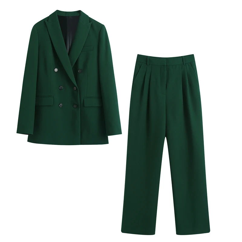 

2021 autumn Ladies shoulder pads blazer mid-rise trousers two peice set women double breasted suit jacket midi waist pants