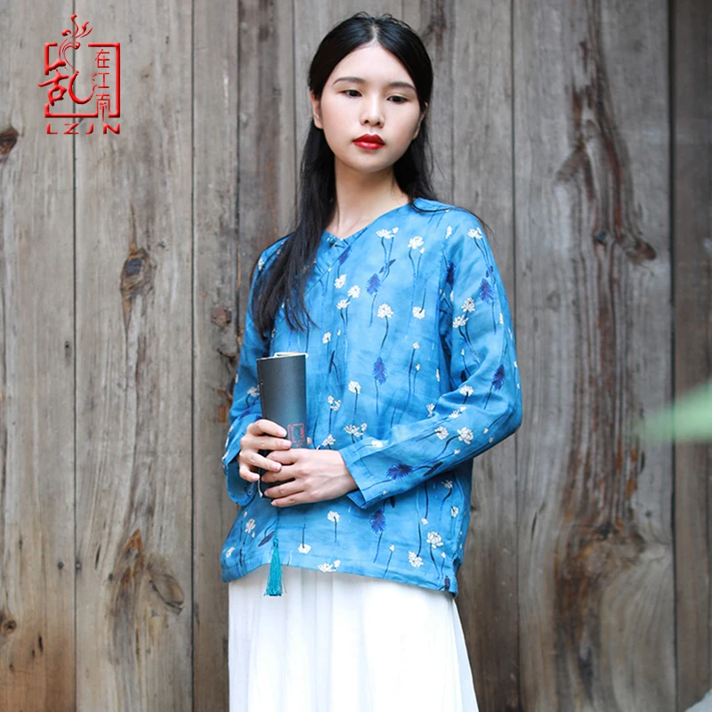 LZJN 2019 новые китайские винтажные женские льняные топы льняная блузка с длинным
