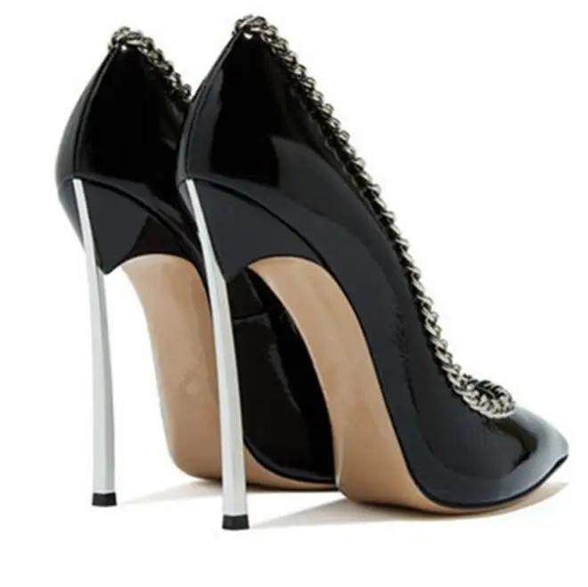 

Sexy Red Patent Leather Wedding Shoes Bride Zipper Chain Decor Pointed Toe Pump Women Shoes Silver Blade Heels Fashion Shoes