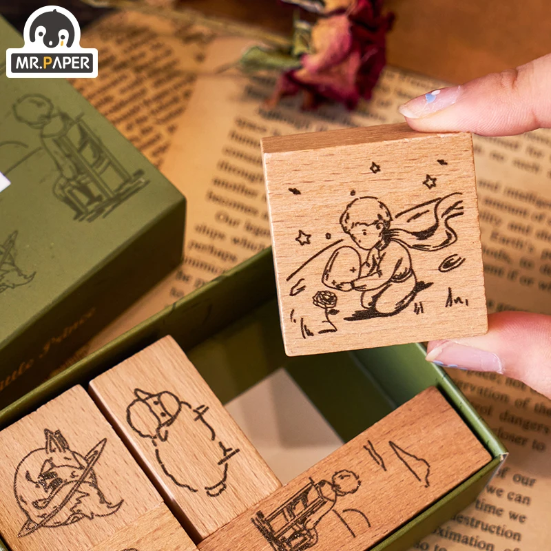 Mr Paper 4 Designs Wooden stamp Animal pattern series Leaves of Grass The Little Prince Blessing Wind Chime Zhuang Zhou Mengdie |