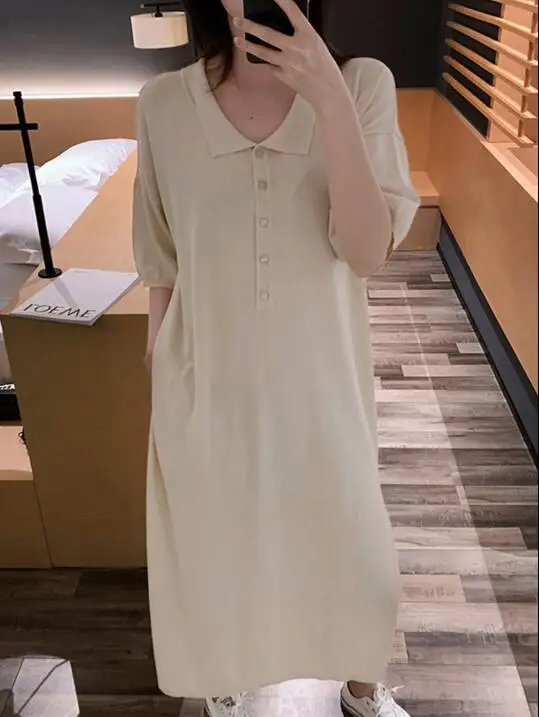 

2019 New Women Knitted Loose Dress Short Sleeve Turn-Down Collar Split Long Dress