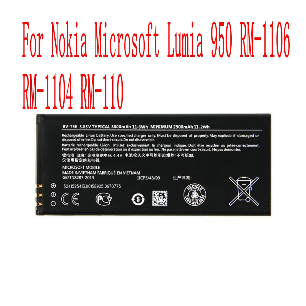 

High Quality 3000mAh BV-T5E Battery For Nokia Microsoft Lumia 950 RM-1106 RM-1104 RM-110 Cell Phone