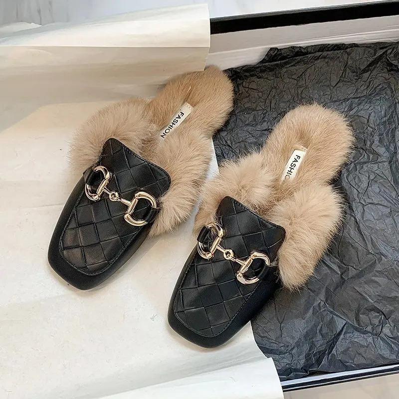 

Autumn Winter New Real Fur Mules Women Flats Shoes Loafers Pregnant Shoes Women Furry Slides Fluffy Hairy Square Toes Slippers