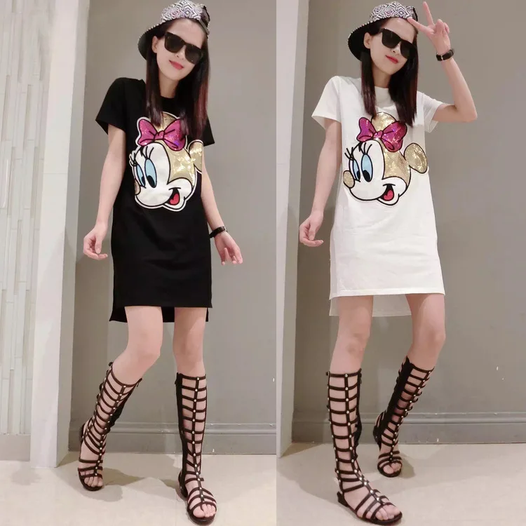 Disney Микки Маус леди летнее женское платье мультфильм блестками Минни короткий рукав Футболка Платье
