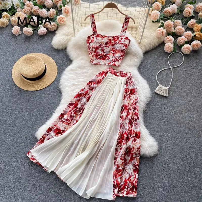 

Summer Bohemian Women Two Piece Set Sexy Strapless Camis Tops + High Waist Patchwork Pleated Skirt Female Vacation Beach Suit