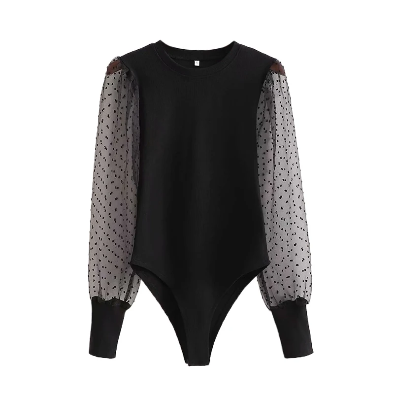 

High Waist One Piece Jumpsuit Women Spring New Fashion Beachwear Dot Mesh Stitching Long Sleeve Bodysuits Femme Bathing Suit