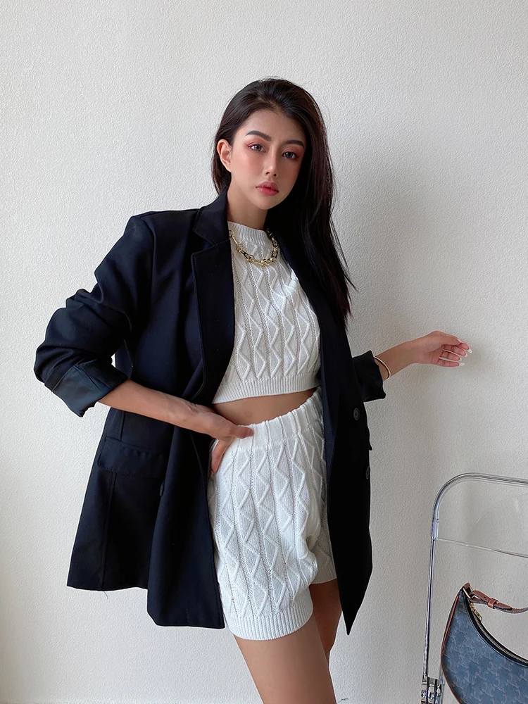 

TVVOVVIN Winter Autumn New Fashion Womens Black Loose Casual Street Notched Pockets Solid Color Jacket Tailored Coat 7ZQS