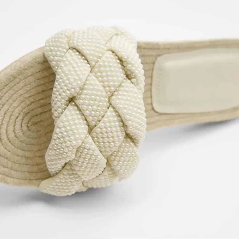 

Women's Summer Shoes White Faux Pearl Braided Belt Decorated Jute Flat Sandals Outside Fairy Shoes One-lined Holiday Peep Toes