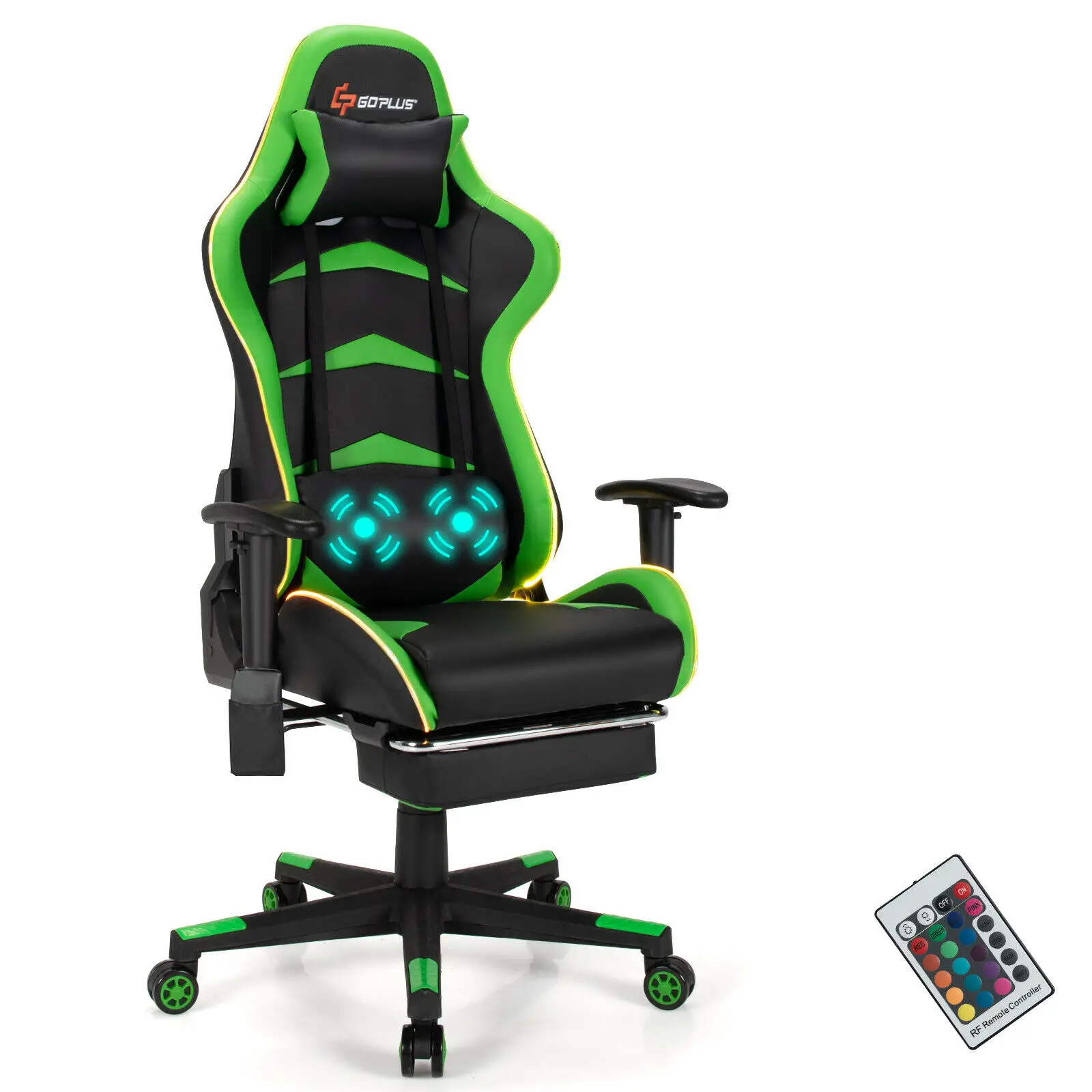 

Goplus Massage Gaming Chair Computer Office Chair w/ LED Lights & Footrest Green HW62042GN