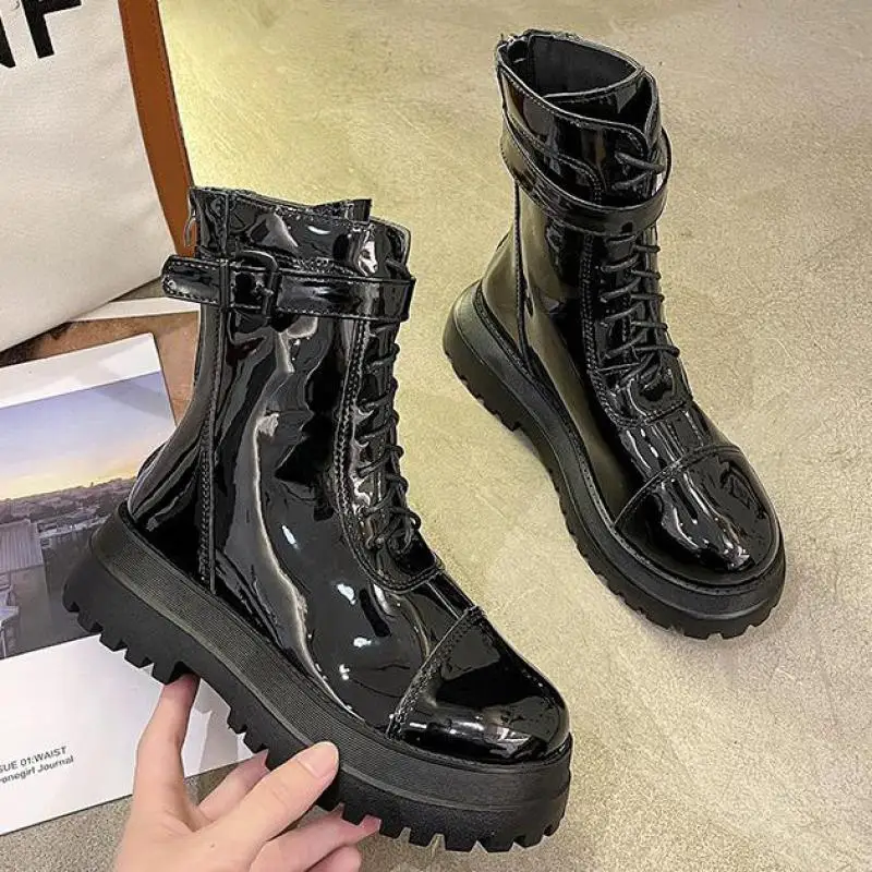 

Женские мотоциклетные ботинки из натуральной кожи, с круглым носком