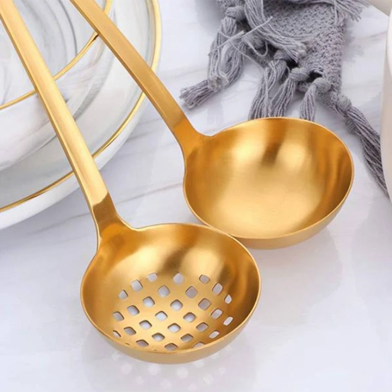 Gold Soup Ladle Colander Set Long Handle Stainless Steel Kitchenware Cookware Serving Spoon for Cooking Utensil(2 PCS) | Дом и сад