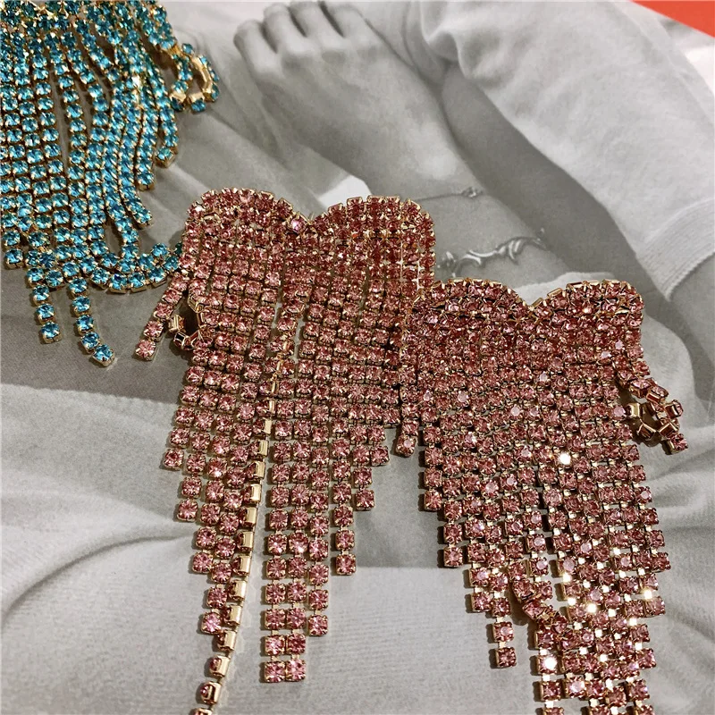 

European and American designers colorful crystal tassel earrings, fashionable luxury rhinestones love earrings, women's jewelry