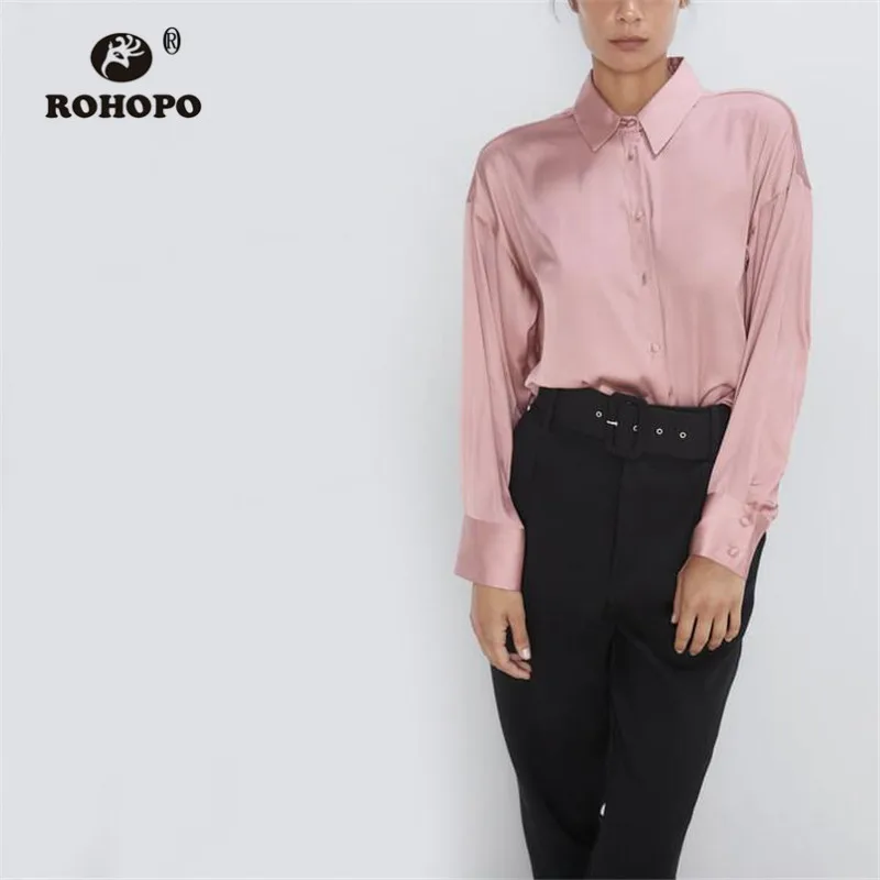 ROHOPO/розовая блузка с длинным рукавом шелковистая однотонная мешковатая мягкая