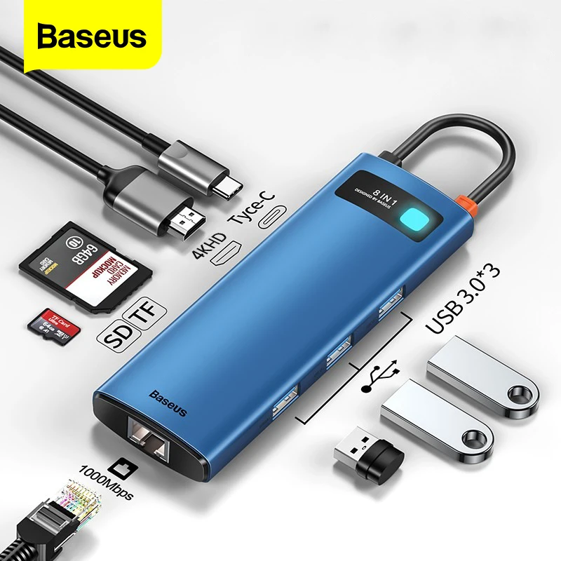 

Baseus 8 in 1 USB Type C HUB to 4KHD RJ45 PD 100W Charger Multi USB 3.0 HUB Adapter For MacBook Pro Laptop Dock Station Splitter