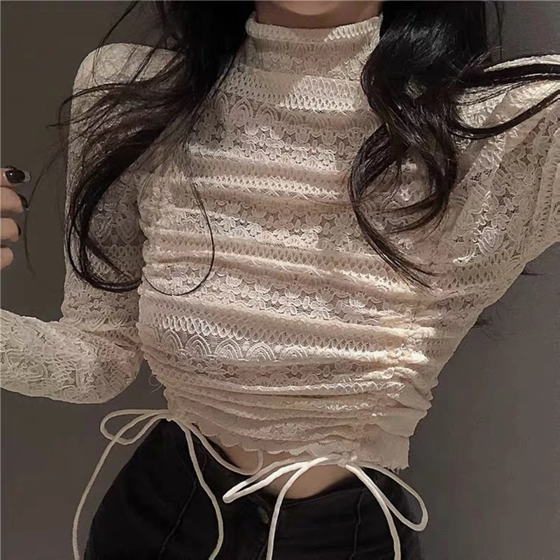 

Spring and autumn sexy high-waist short top women's high-necked long-sleeved lace drawstring t-shirt fashion urban sexy women