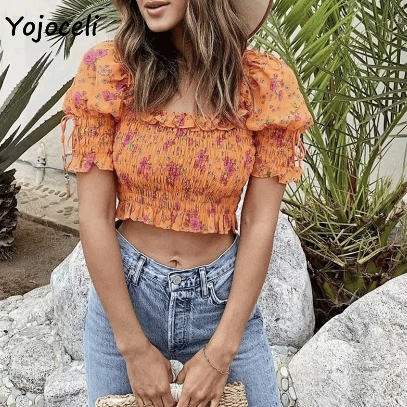 Блузка Yojoceli с пышными рукавами и принтом женские блузки оборками укороченные