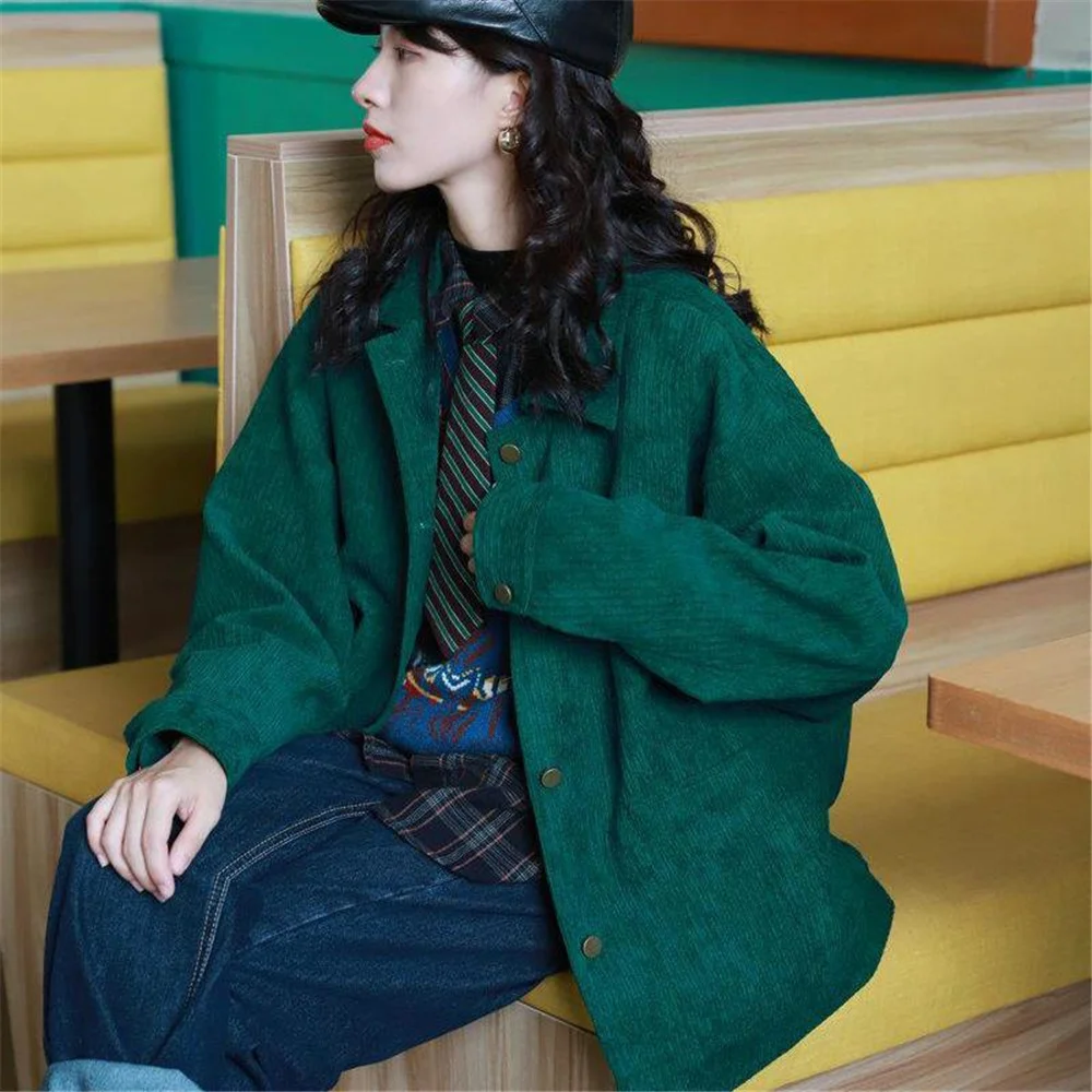 

Женский вельветовый карго-пиджак, универсальный Зеленый Свободный кардиган с длинным рукавом в винтажном Корейском стиле, Осень-зима