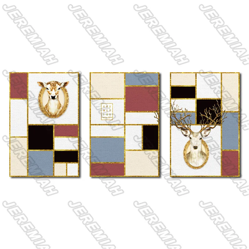 

Sheep Deer Abstract Checkered Poster Nordic Style Wall Art Canvas Print Painting Modern Living Room Decoration