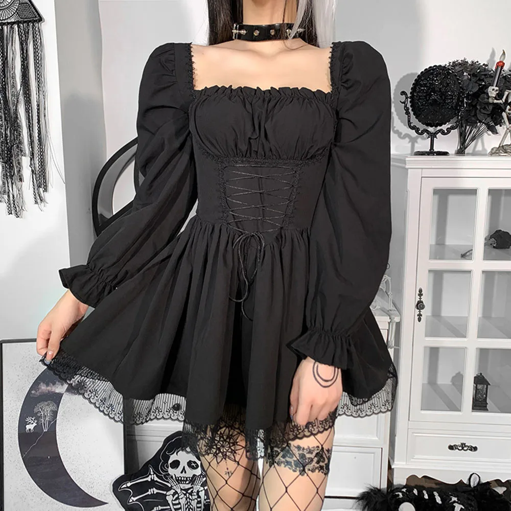 

Women's Autumn New Dress Goth Punk Princess Style Long-sleeved Square Collar Pure Color Lace Decoration Pleated A-line Dresses