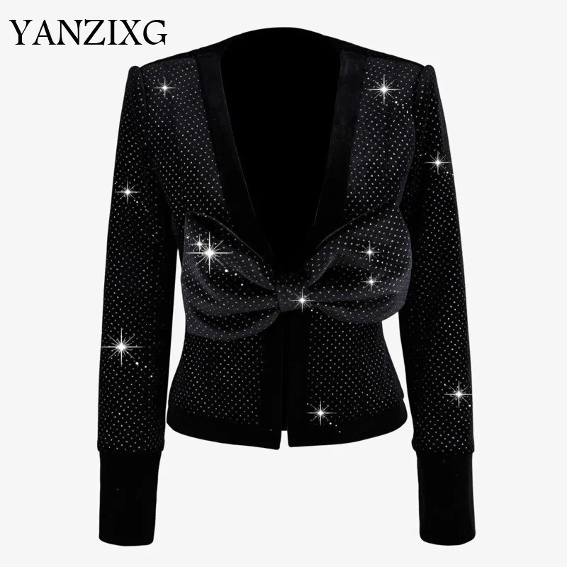 Свободный крой черный горный хрусталь стежок лук сияющая куртка Новый v образный