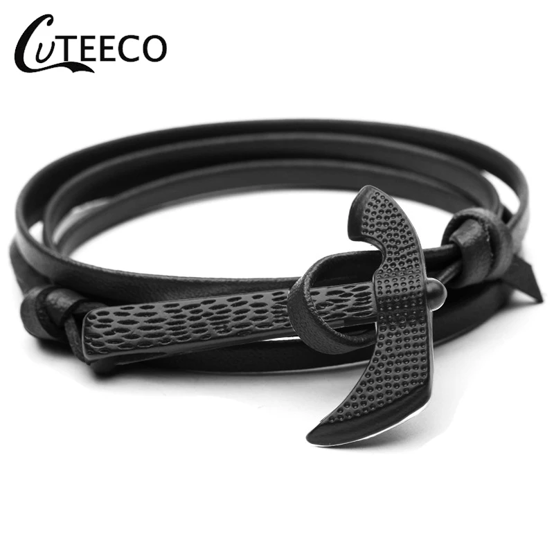 

CUTEECO New Fashion Black Axe Bracelets Men stainless steel Chain Paracord Bracelet Male Wrap Metal Sport Hatchet Anchor Hook