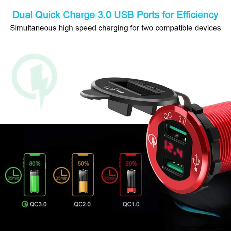 

Quick Charge 3.0 USB Charger Socket, 12V/24V Dual USB Car Power Outlet Waterproof Cigarette Lighter with LED Voltmeter