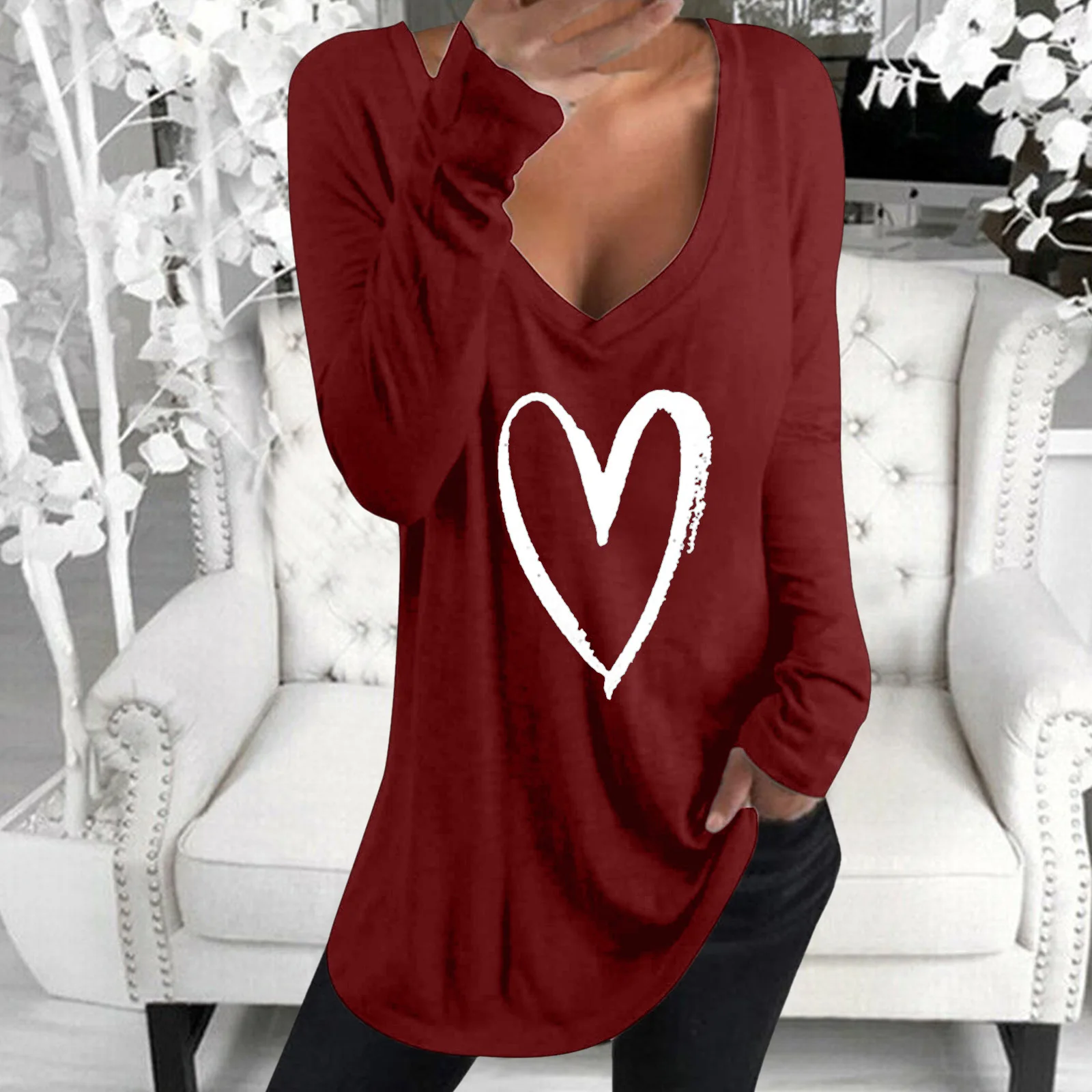 

New Cute Cat Print Long Sleeve Sexy V Neck Pullover Women's T-shirt Casual All-Match Novel T-shirts Women Cotton Black Gray Tops