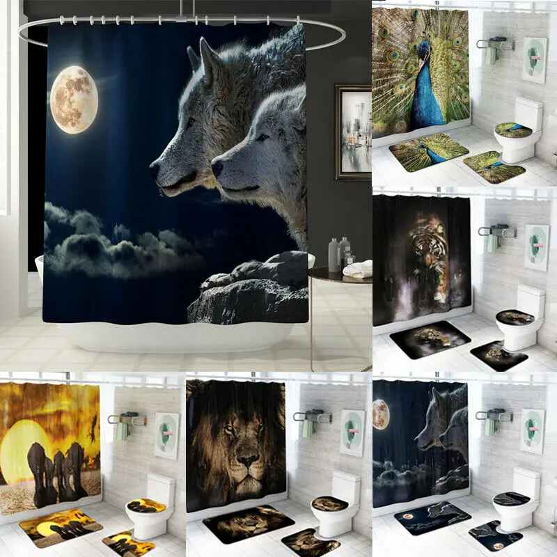 

FAROOT 4Pcs/Set Print Bathroom Non-Slip Pedestal Rug+Lid Toilet Cover+Bath Mat+Shower Curtain