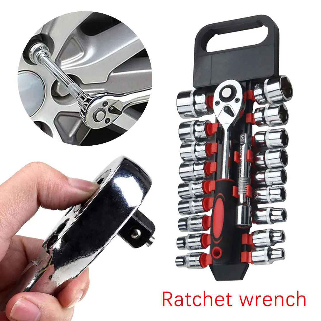 

Crv Quick Release Socket Wrench Pneumatic Set Reversible Ratchet With Hanging Rack 1/4" 3/8" 1/2" Drive Sockets Hand Tool Sets
