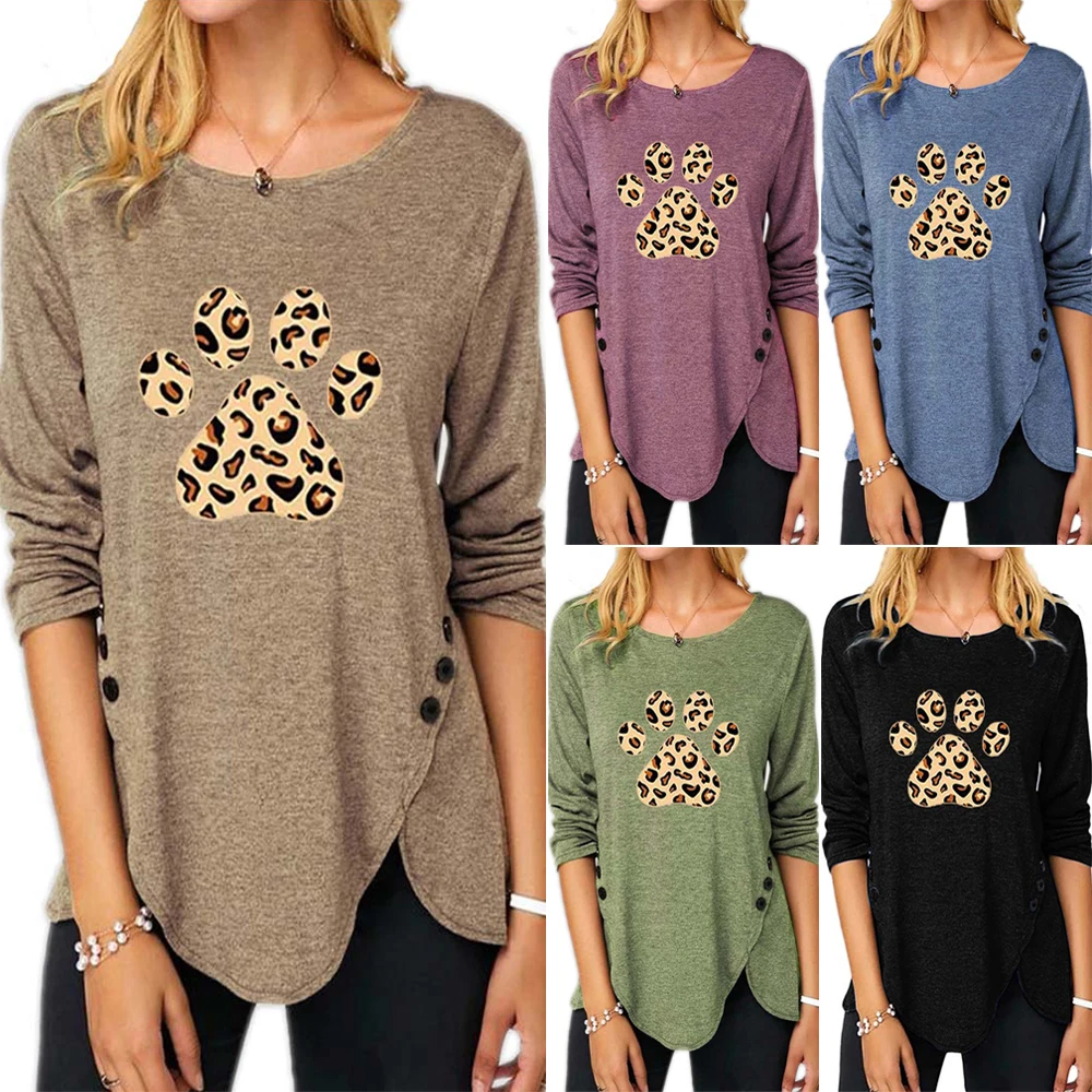 

Footmark Print Women Tshirts 5XL Buttons Long Sleeve Irregular Clothing Tees Round Collar Casual Female Tops Autumn#k