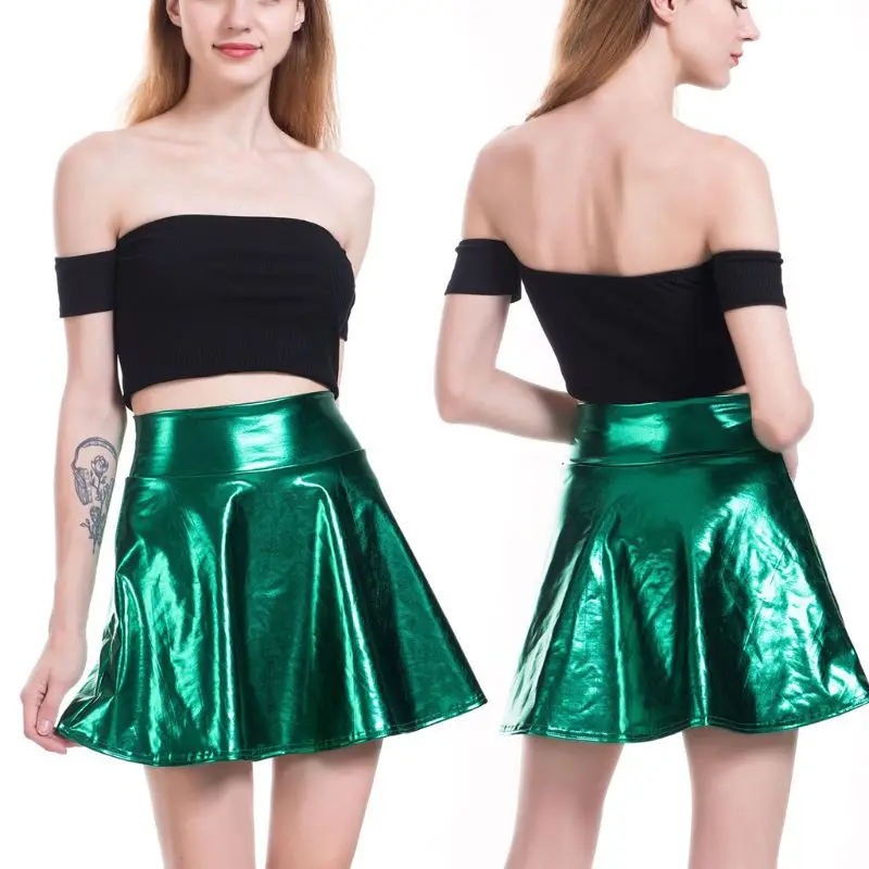 Женская плиссированная расклешенная мини юбка из искусственной кожи с высокой