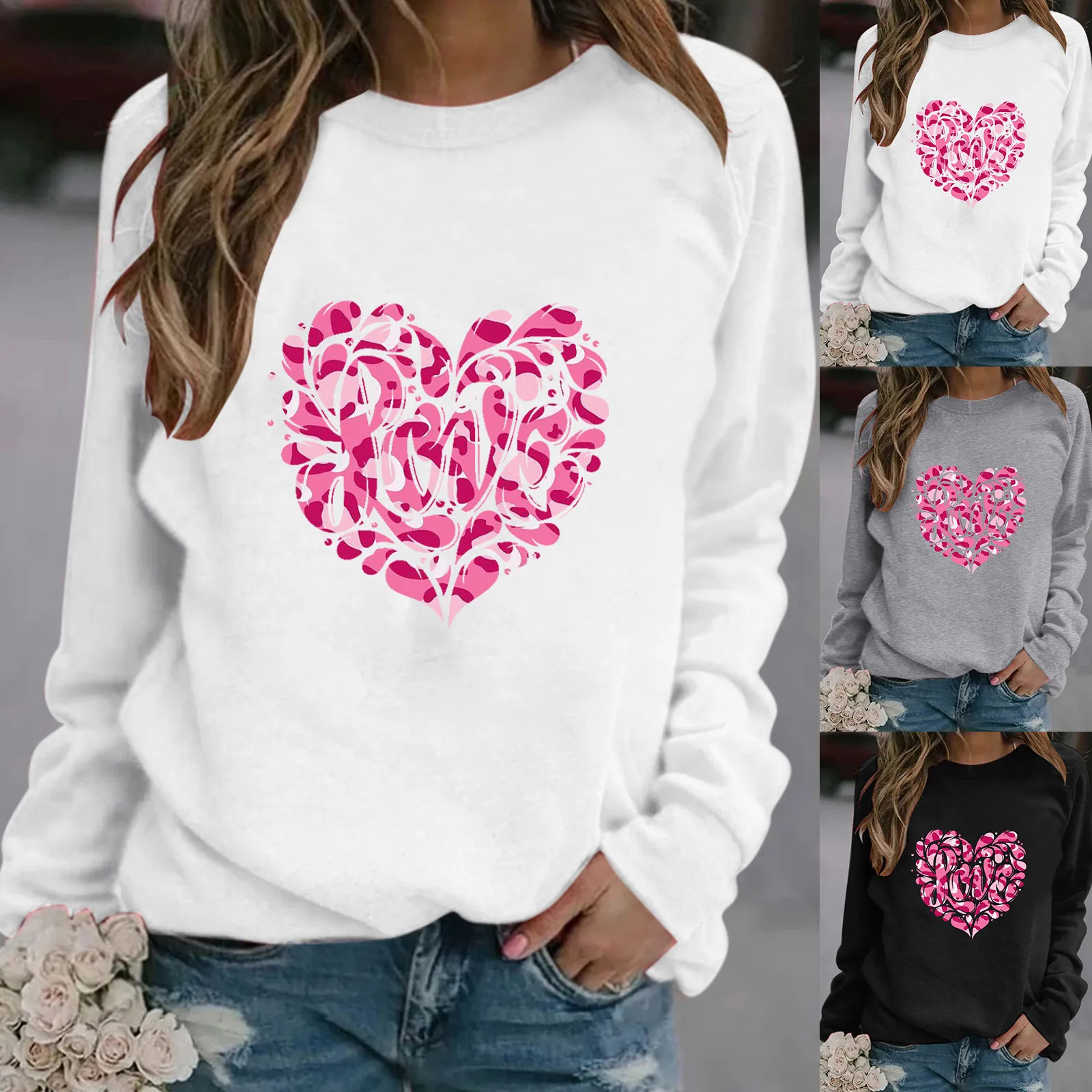 

2022 Autumn New Woman's Pullover O-neck Korean Valentine's Day Print Pattern Loose Cotton Solid Color Sweatshirts Casual #F