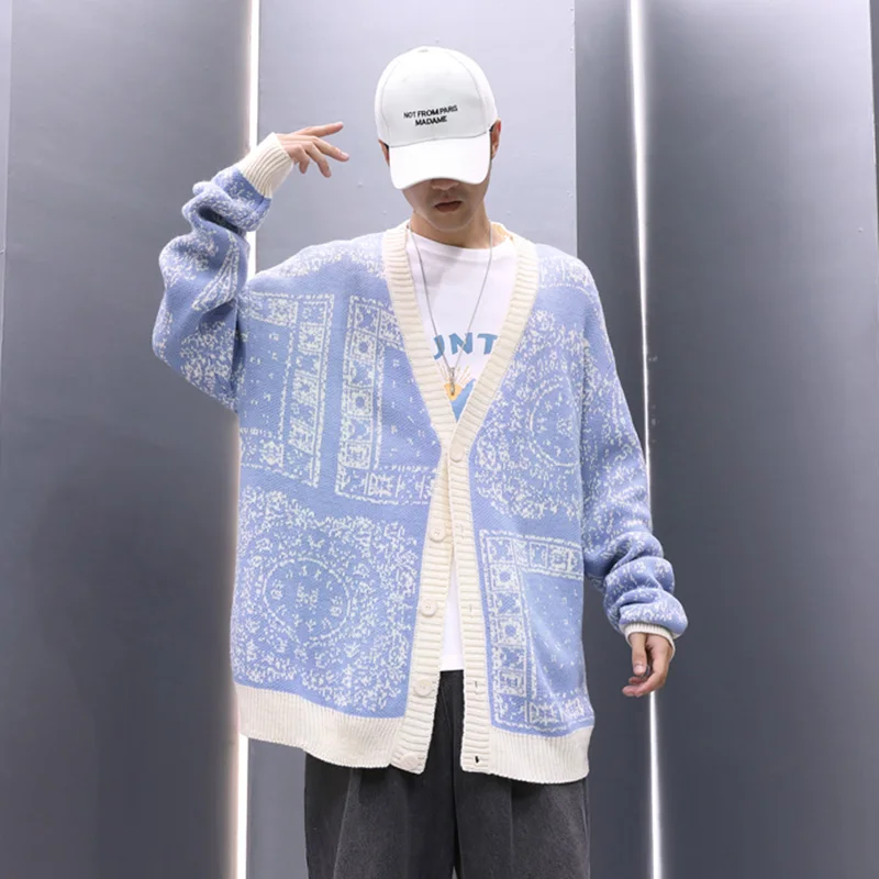 

Cashew Flower Cardigan Men's Autumn New Sweater Coat Loose Lazy Large Size V-Neck Single-Breasted Sweater Men's Sweaters O134